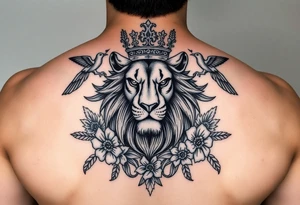 powerful majestic lion with a crown, surrounded by floral ornaments and birds tattoo idea