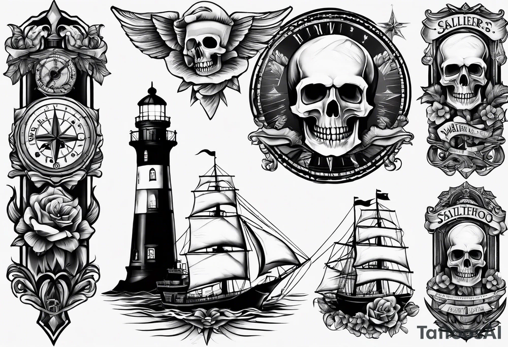 I want a lower leg sleeve with a ship, lighthouse, compass and a skull with a sailors hat on tattoo idea