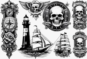 I want a lower leg sleeve with a ship, lighthouse, compass and a skull with a sailors hat on tattoo idea