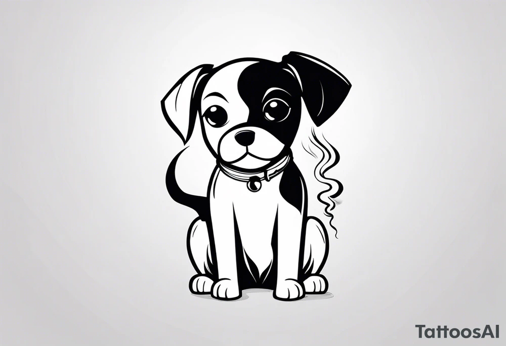 A black and white sketch of a cute dog with large, sad eyes, sitting and smoking a cigarette, with smoke swirling around its head tattoo idea