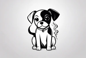 A black and white sketch of a cute dog with large, sad eyes, sitting and smoking a cigarette, with smoke swirling around its head tattoo idea