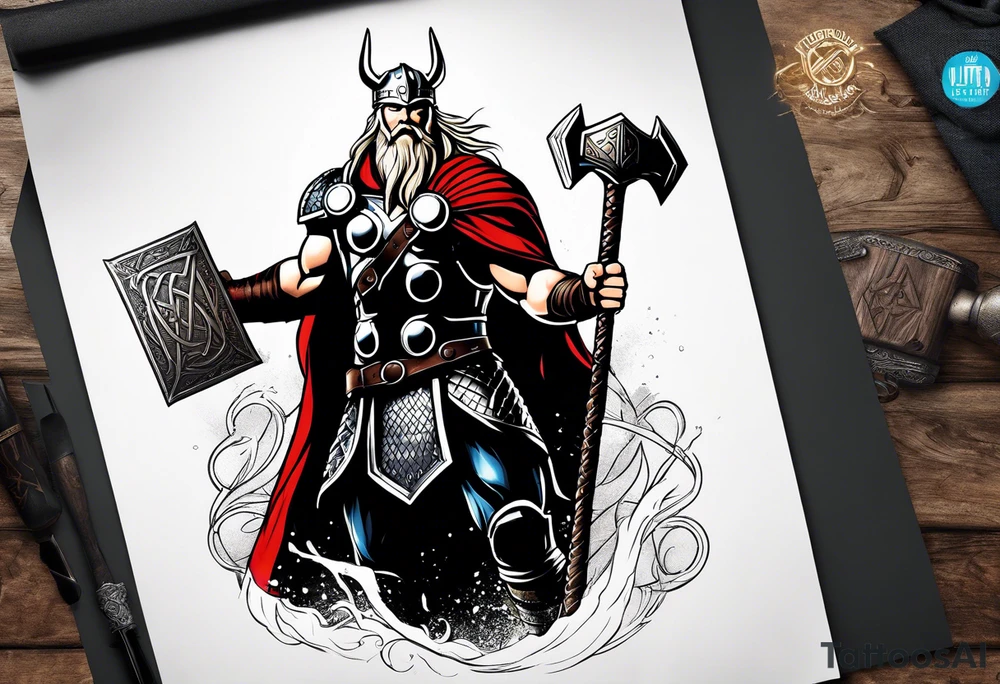 Thor with him holding mjolnir and a vignette of viking rune design tattoo idea