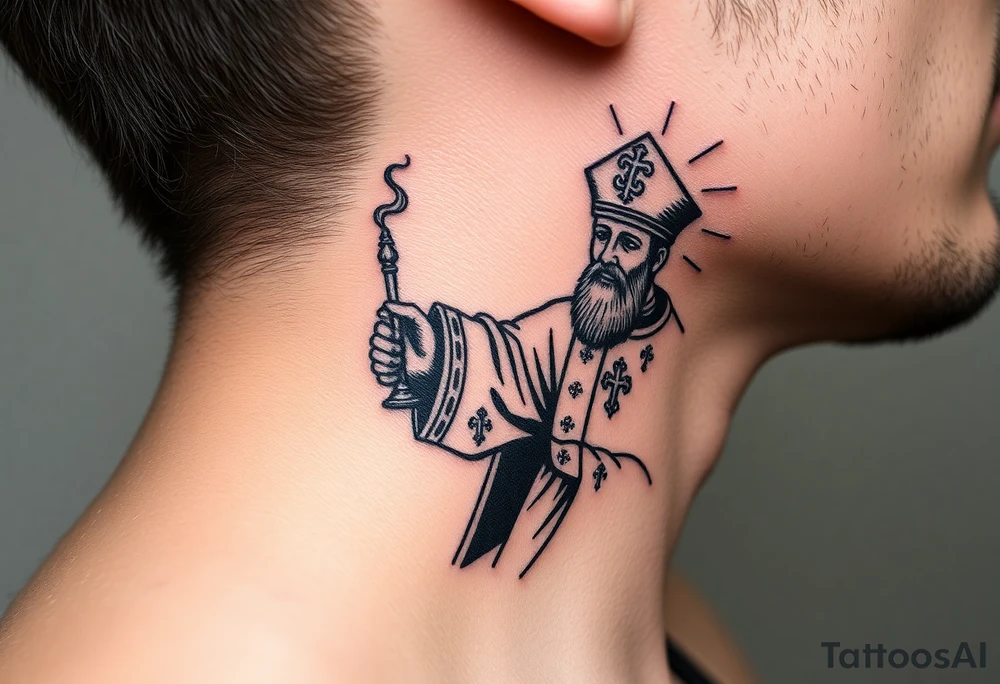 Russian Orthodox Priest in fully detailed vestment swinging a censer with smoke curling upward tattoo idea