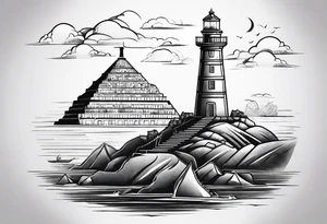 Lighthouse of Alexandria with heiroglyphics above it, pyramids in background tattoo idea