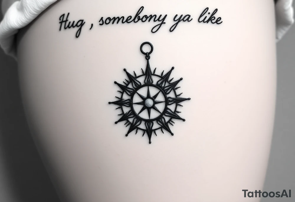 Three dimensional sundial casting shadow with handwriting “Hug somebody ya like” above. tattoo idea