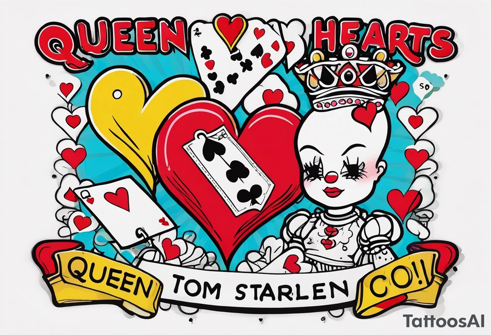 queen of hearts - tom sachs and kaws inspiration - on forearm - with text saying queen starleen tattoo idea