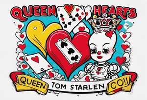 queen of hearts - tom sachs and kaws inspiration - on forearm - with text saying queen starleen tattoo idea