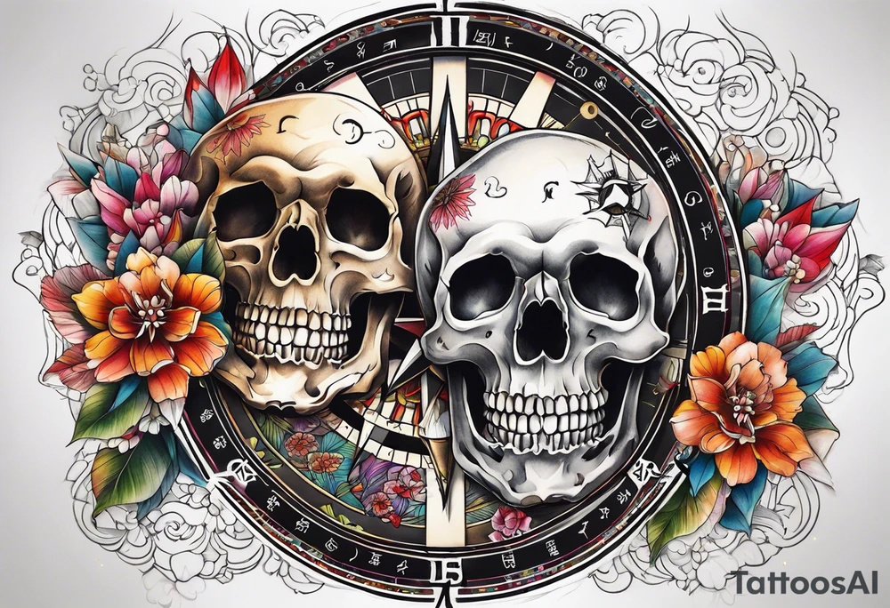 Compass wonderland skulls tattoo idea