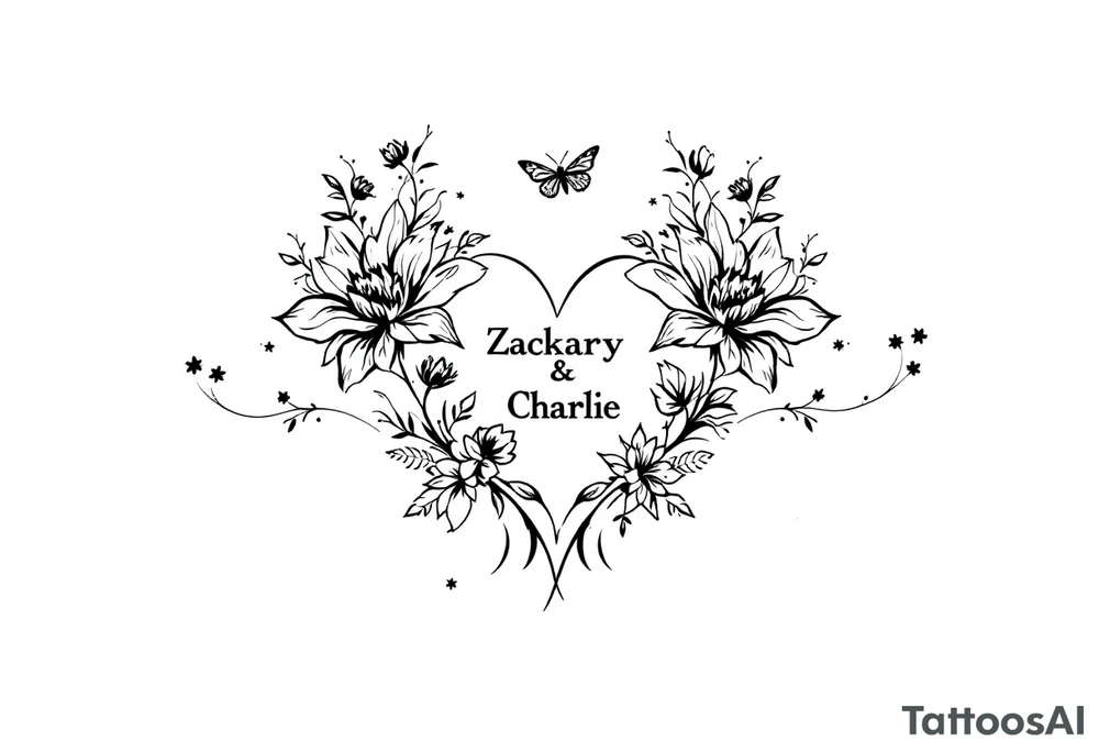 Flowers, heart and buttherfly with name Zackary and Charlie tattoo idea