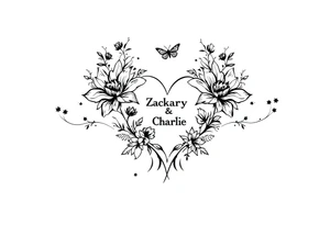 Flowers, heart and buttherfly with name Zackary and Charlie tattoo idea