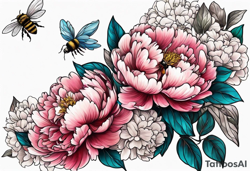 Vibrant peony with hydrangea and leaves and a bee tattoo idea