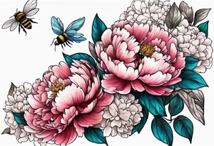 Vibrant peony with hydrangea and leaves and a bee tattoo idea