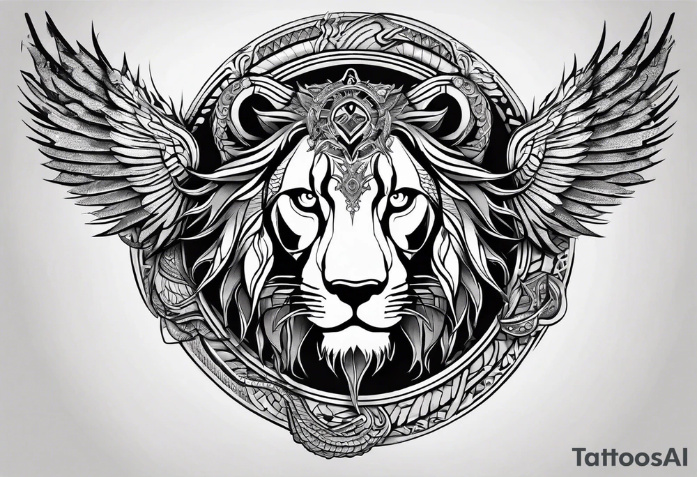 Ouroboros with in center a lion with burned wings tattoo idea