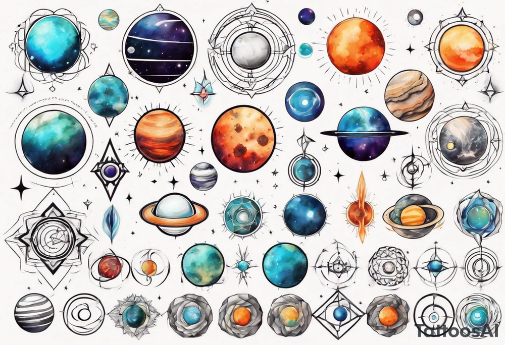 Planets in the style of chakra alignment tattoo idea