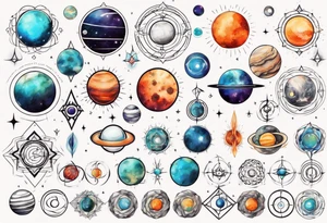 Planets in the style of chakra alignment tattoo idea