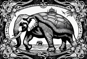 Sea turtle with 4 elephants on its shell holding the world tattoo idea