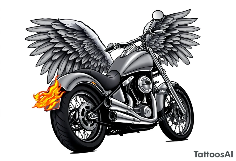 Low rider grey motorcycle, big muffler pipes with flames, angel wings, driving away, no person tattoo idea