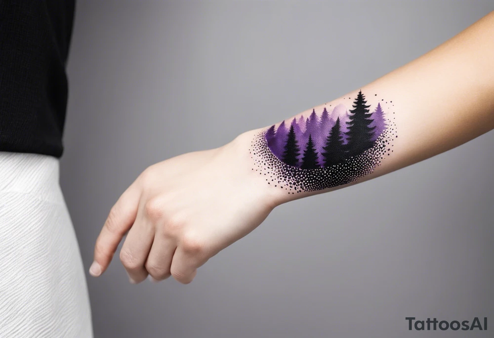 forest, abstract, on hand, no people, purple and black, full, whole wrist wrapped, filled, blackwork tattoo idea
