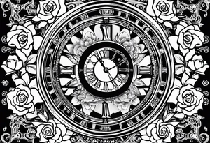 I want a design to print on t-shirts. The design is an hourglass with a wristwatch in the middle with Amazigh numbers, and this watch is surrounded by planets and Ashulk roses,
tattoo for all arms. tattoo idea