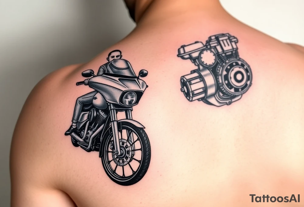 a two person on a Harley Road Glide 2018 on a forearm and a harley's engine on the top of the hand tattoo idea