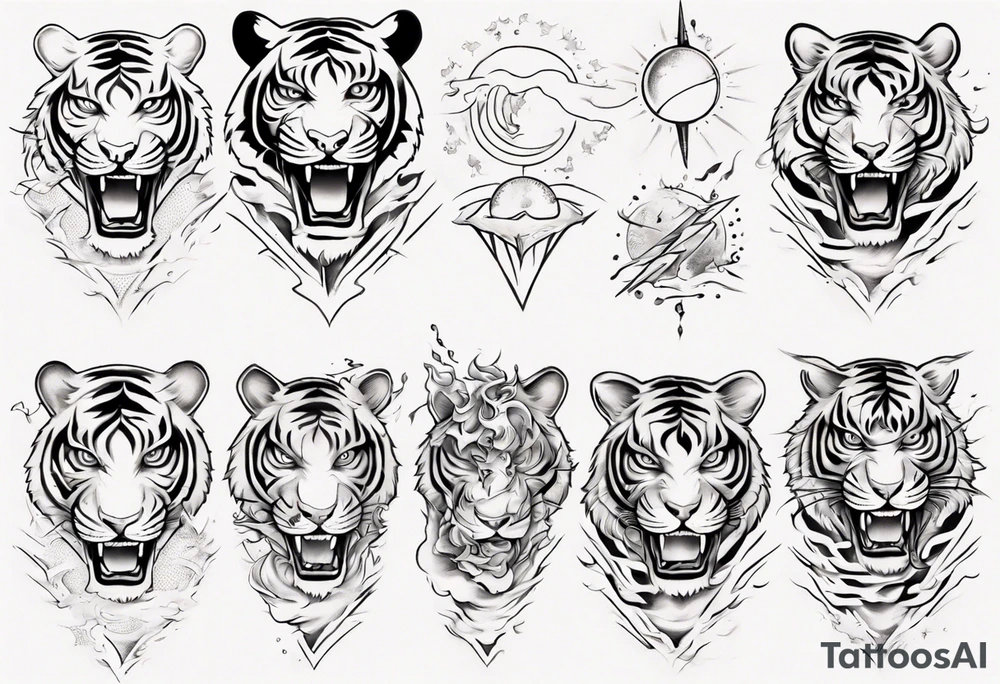 Tiger cub sleeve tattoo with lightning and the sun
Forearm sleeve tattoo idea
