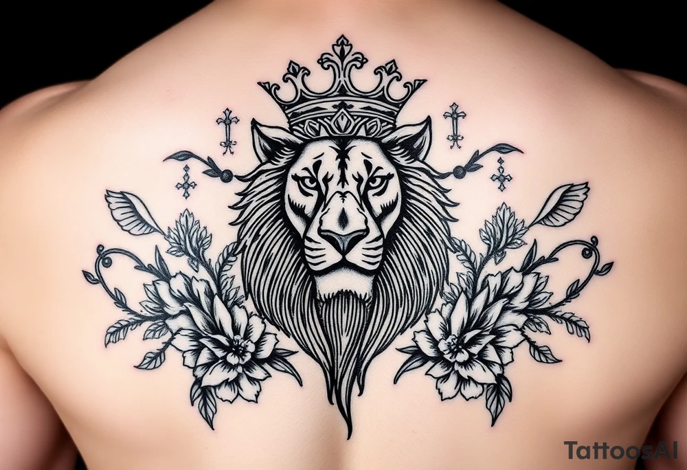 powerful majestic lion with a crown, surrounded by floral ornaments and birds tattoo idea