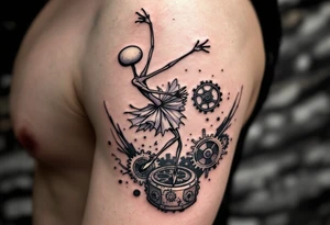Tim Burton’s lanky ballerina dances on cracked music box gears in muted purples and pale grays. tattoo idea