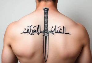 Arabian gothic style tattoo with a sword and looks middle eastern with Arabic writing  with sword going all the way down the back maybe a french style sword with a lovely french handle tattoo idea