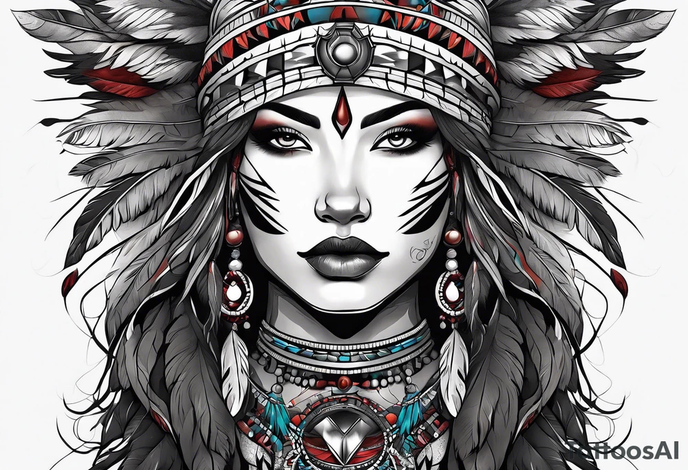 dark organic line artwork woman, native american, wolf, blood tattoo idea