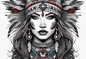 dark organic line artwork woman, native american, wolf, blood tattoo idea