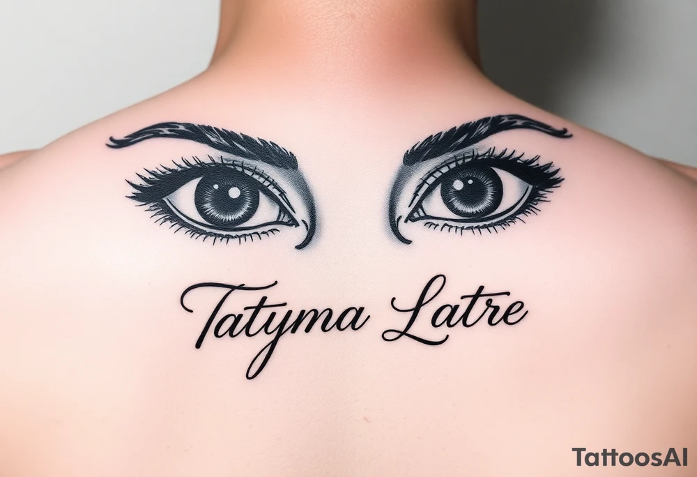Draw a tattoo of eyes with Tatyana Latre written in fine print script under the eyes tattoo idea
