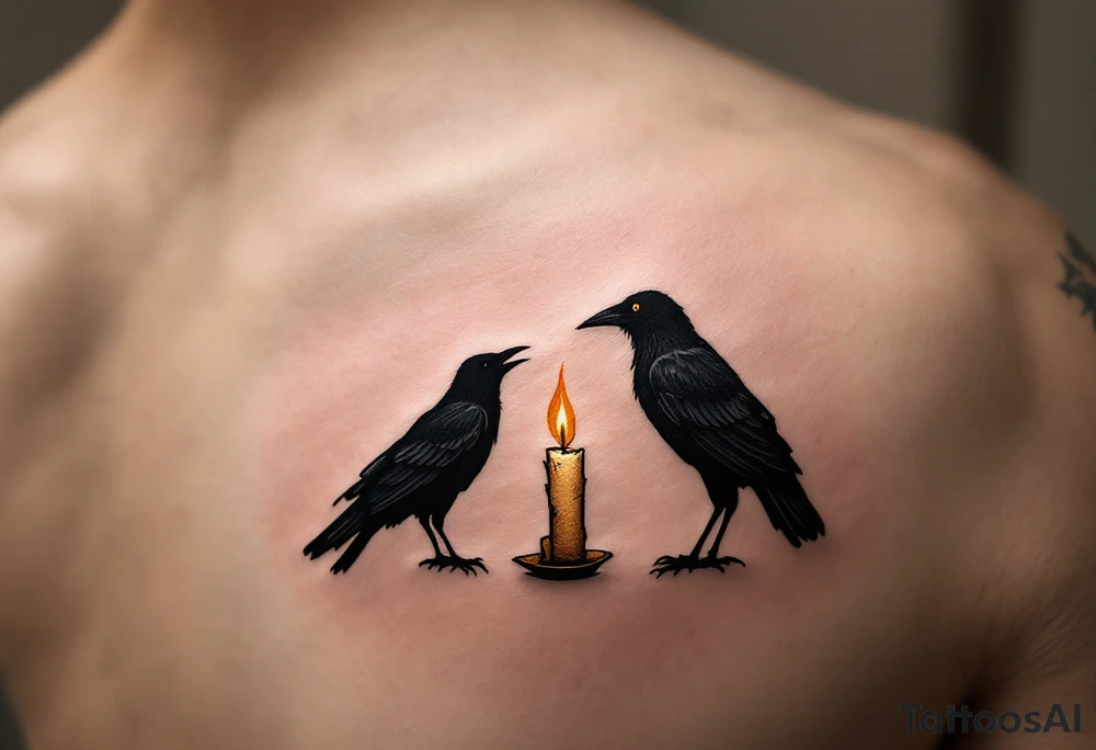 Crow and Candle – A black crow watching a flickering candle, flame done in muted gold and smoky orange tones. Gothic, moody vibe. tattoo idea