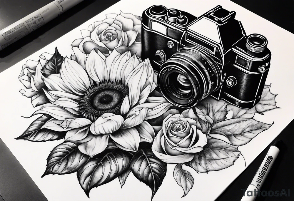 Book, sunflower, camera, butterfly, flower rose tattoo idea Book, sunflower, camera, butterfly, flower rose tattoo idea