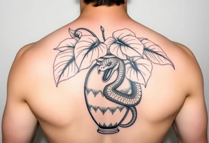 Large Decorative ornamental
 vase with large philodendron leaves with a snake wrapped around showing the head of the snake tattoo idea