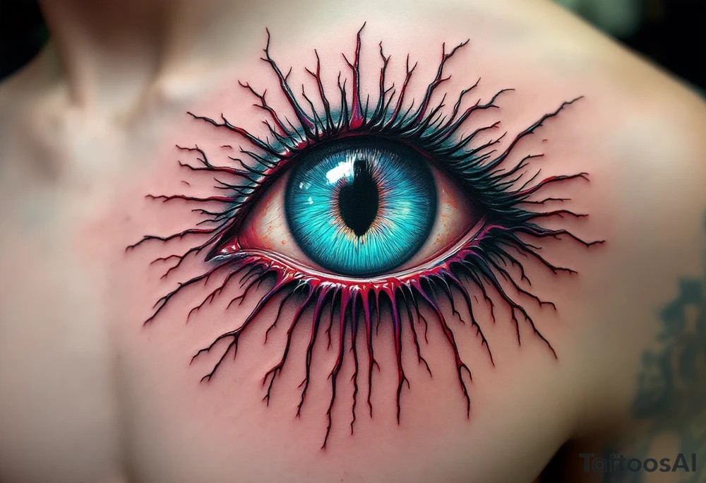 A vividly surreal eyeball tattoo inked directly onto the sclera (white of the eye), featuring a glowing turquoise iris with a black vertical slit pupil, radiating thin blood-red and violet capillary-like lines outward across the eye for a striking, otherworldly appearance. tattoo idea