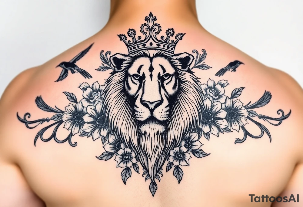 powerful majestic lion with a crown, surrounded by floral ornaments and birds tattoo idea