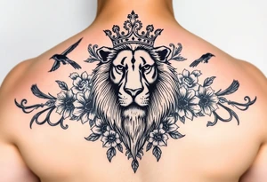 powerful majestic lion with a crown, surrounded by floral ornaments and birds tattoo idea