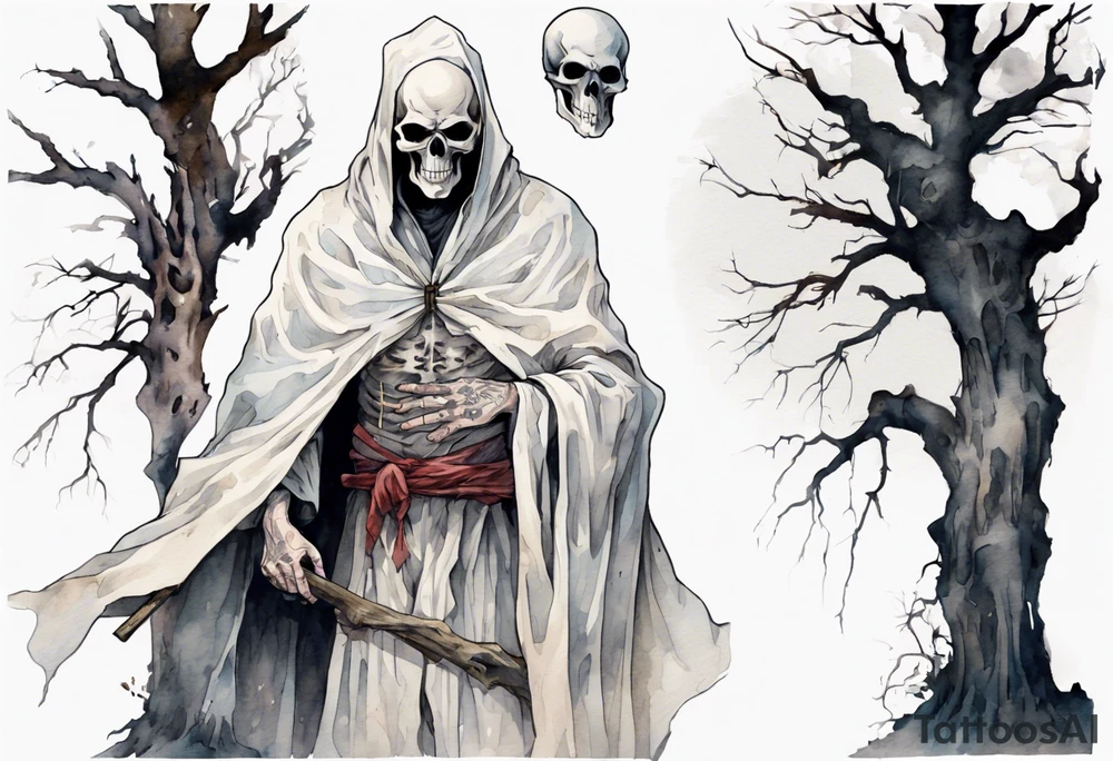 a thin medieval man in a white cloak wearing a skull mask, standing alone in a gloomy place with dead trees tattoo idea