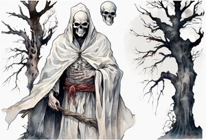 a thin medieval man in a white cloak wearing a skull mask, standing alone in a gloomy place with dead trees tattoo idea