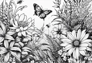 Half sleeve with crisanthium, ferns, leaves, and complimentary flowers with small bees tattoo idea