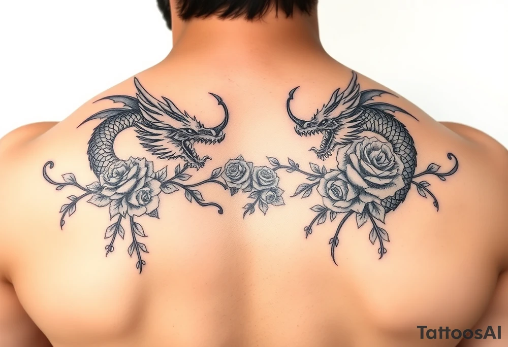 Dragons with roses and vines tattoo idea