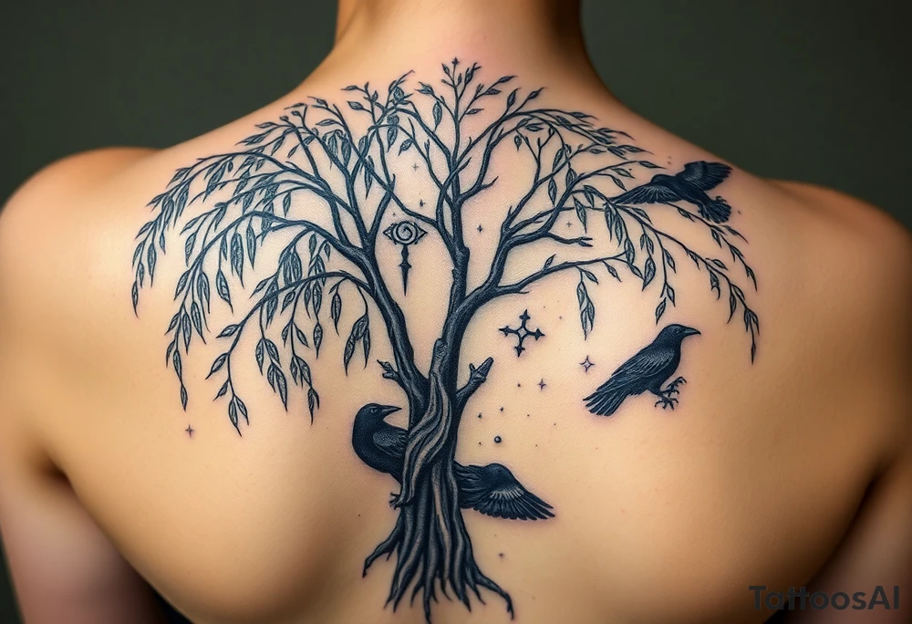 Weeping willow with starry sky background with zodiac constellations in it with runes and ravens tattoo idea