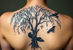 Weeping willow with starry sky background with zodiac constellations in it with runes and ravens tattoo idea