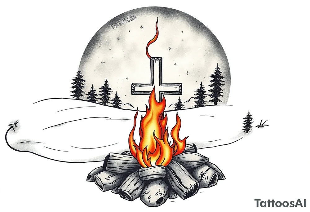 Campfire with cross include the great outdoors and night sky make sure cross doesn't look like it is on fire tattoo idea