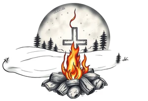 Campfire with cross include the great outdoors and night sky make sure cross doesn't look like it is on fire tattoo idea