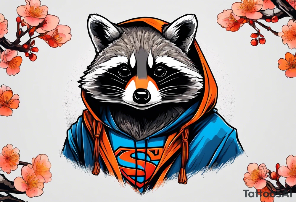raccoon wearing a Superman hoodie with orange Japanese cherry blossoms tattoo idea