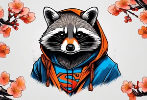 raccoon wearing a Superman hoodie with orange Japanese cherry blossoms tattoo idea