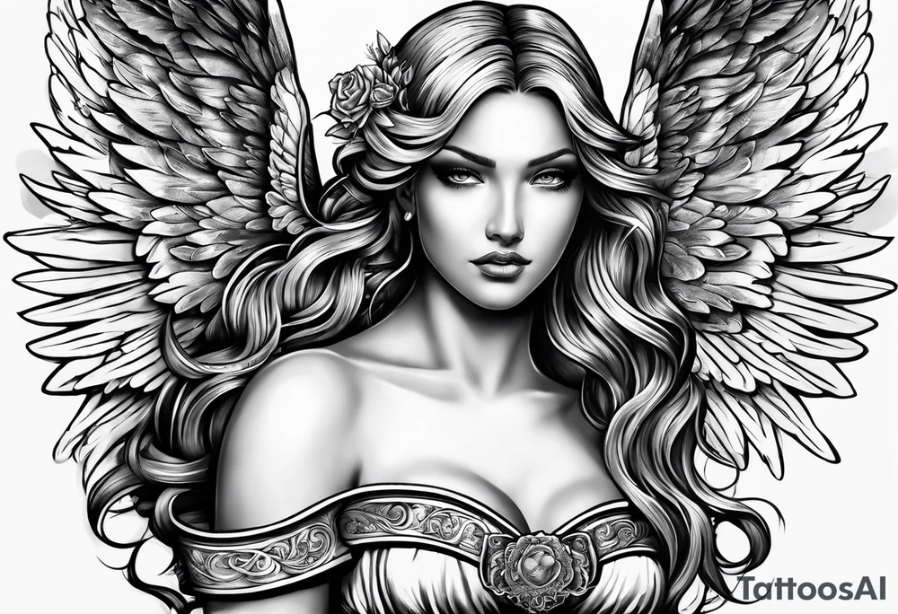 angel with name tag which says Dennet tattoo idea