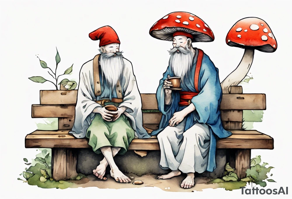 a kodama with a long beard wearing a mushroom hat and a medieval tunic drinking from a wood cup, sitting on a bench laughing tattoo idea