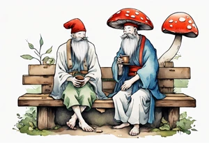 a kodama with a long beard wearing a mushroom hat and a medieval tunic drinking from a wood cup, sitting on a bench laughing tattoo idea